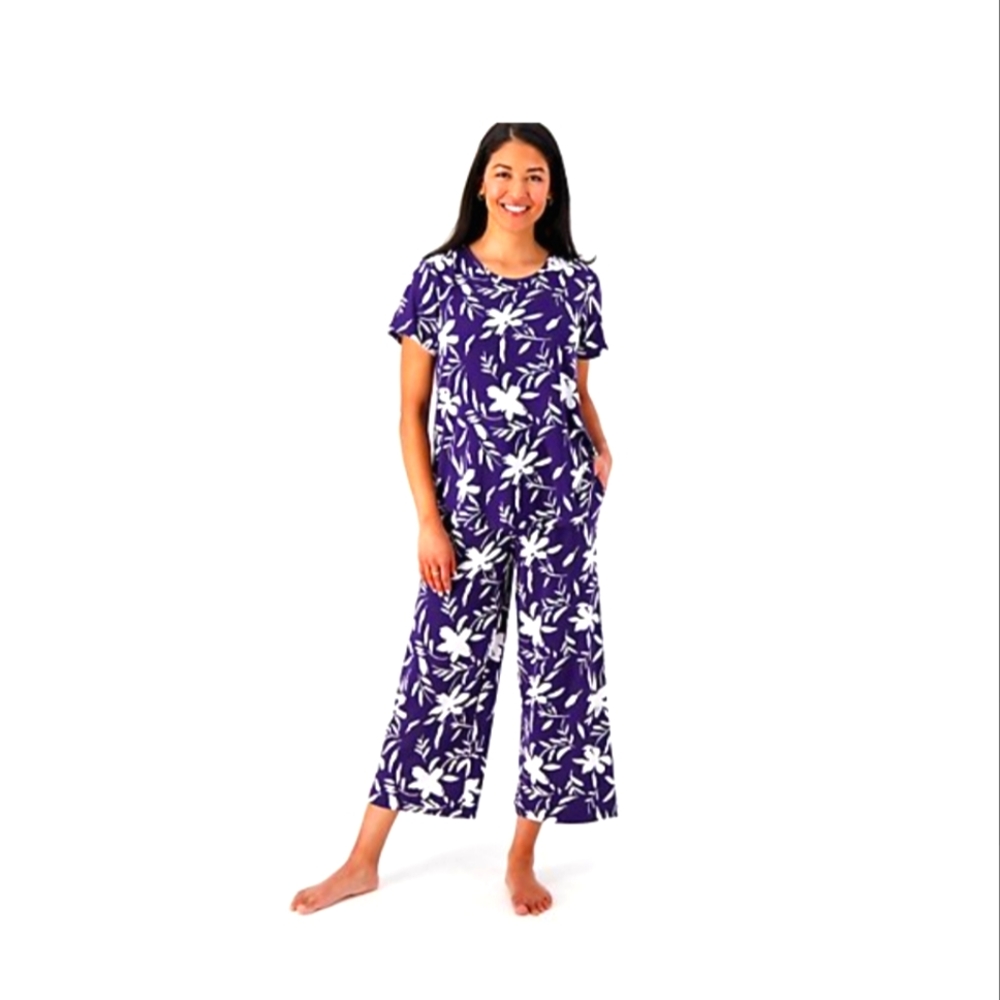 QVC Stan Herman Regular Peached Jersey Floating Floral Pajama Set White 3XL